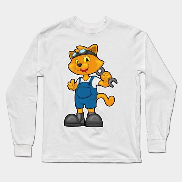 Cat as Mechanic with Spanner Long Sleeve T-Shirt by Markus Schnabel